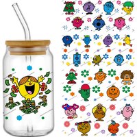 Mr. Men and Little Miss Cartoon UV DTF Transfer Sticker Waterproof Transfers Decals For 16oz Glass Cup Wrap Stickers