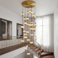 Modern Gold LED Staircase Marble Chandelier with Alabaster Lampshade, Multi-Light Pendant for Villa Loft