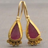 Ethnic Gold Color Red Stone Dangle Earrings Woman Carving Water Droplet Party Daily Wear