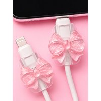 2 Pink Bow-Shaped Universal Lightning (5-17) Type-C Data Cable Protectors - Shockproof, Stylish Mobile Phone Accessory Design - Made of Plastic, with Cute Bow Decoration, Charging Cable Protector