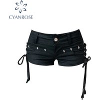 Women's Black Gothic Denim Shorts Vintage Aesthetic Korean Low Waist Jean Shorts Harajuku Y2k Cowboy Short Pants Clothes Summer
