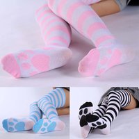 Cosplay High Long Knee Socks Pink Strip Kawaii Cat Paw Print Stockings Women Girl Student Kawaii Lolita Cotton Stocking