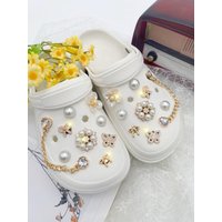18pcs Fashion Versatile Gold Pearl & Heart Chain DIY Detachable Shoe Charms, Garden Shoe Sandal Decoration Buckles, All-Season O