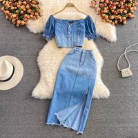 High Waist A-Line Midi Denim Skirt with Side Slit Women's Fashion Set with Square Collar Short Top Two-Piece Ensemble