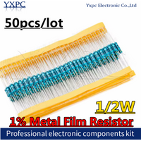 50pcs 1/2W Metal film resistor 1R~2.2M 100R 220R 330R 1K 1.5K 2.2K 3.3K 4.7K 10K 22K 47K 100K 100 220 330 1K5 2K2 3K3 4K7 ohm