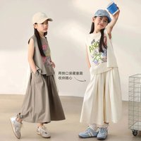 2026 New Summer Girls Causal Print Vest & Short Sleeve+Loose Wide Leg Pants 2Pcs Oversize Outfits Sets Teenage Kids Clothes Sets