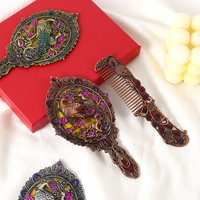 2Pcs/Set Peacock Design Vanity Mirror and Comb Set Round Shape Embossed Metal Handheld Mirror (rhinetone Color Random)