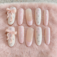 10 pieces of hand-pressed almond-shaped nails, beautiful false nails, fresh lotus pink bowknots, suitable for women