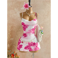 Women Thin Strap Cowl Neck Pink Floral Print Side Ruched Ruffle Hem Mini Bodycon Dress 2026 Summer Tropical Beach Y2K Going Out