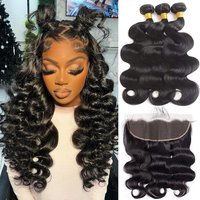Brazilian Body Wave Bundles with 13x4 Lace Closure Real Human Hair Closure with 3 Bundles Weave Virgin Hair Natural Black Color image 3