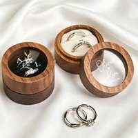 Personalized Wedding Ring Box Round Wooden Double Ring Box Glass Window Engagement Proposal Ring Box Wedding Anniversary Gift