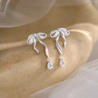Real 925 Sterling Silver Zircon Water Drop Matte Surface Bowknot Stud Earrings For Women OL Fine Jewelry Advanced Accessories