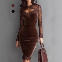 Women's V-Neck Lace Sheer Bodycon Dress Long Sleeve Sexy Transparent Casual Dress Waist A-Line Mid-Length Luxury Designer Dress