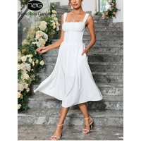 NewAsia French Vintage White Corset Dress Women's Square Neck Back Lace Up Flowy A-Line Midi Dress for Wedding Guest Graduation