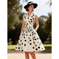 Tonval Turn-Down Collar Sleeveless Polka Dot Women Summer Dresses 2026 Vintage Fashion Belted Pleated Dress