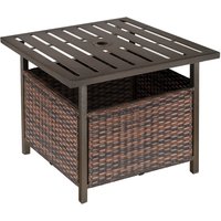 Rattan Garden Coffee Table, 55.5 cm Square Wicker Patio Side Coffee Table with 4 cm Umbrella Hole, for Outdoor, Balcony, Brown