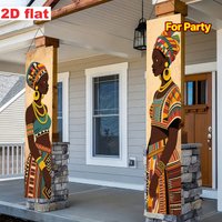 1 pair, 2D flat, African cultural style themed decorative door couplets, African figures dressed in traditional costumes design,