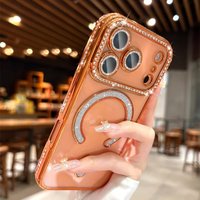 Plating Glitter Diamond Rhinestone Magnetic Wireless Charging Case For iPhone 17 Pro Max 16 E 15 14 13 17Air Soft Silicone Cover