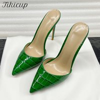 Sexy Green Crocodile Effect Women 12cm Pointed Toe High Heel Slippers Summer Stiletto Pumps Party Dress Sandals Outfit Shoes