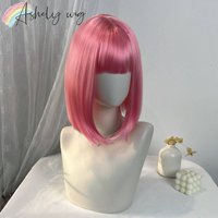 Pink Wig with Bangs 12inch Short Bob Wig Cute Straight Wigs High Temperature Fibers Shining Lolita Synthetic Wigs for Cosplay