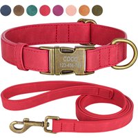 Personalized PU Leather Dog Collar Leash Set Custom Anti-lost Dog Collars with Free Engraved Metal Buckle for Small Medium Dogs