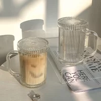 Transparent Coffee Mugs Simple Stripe Glass Cup with Lid Straw Tea Cup Juice Drinking Wine Beer Milk Breakfast Shot Glasses Set