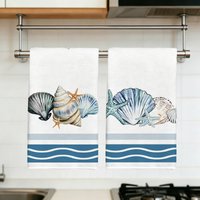 2pcs ocean shell and starfish printed kitchen tea towels, absorbent and quick drying kitchen and dining towels