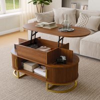 Table basse ovale réglable en hauteur, table de salon en MDF avec compartiment de rangement, porte coulissante, cadre en tube d'acier et poignée en alliage de zinc, table basse moderne pour espace de