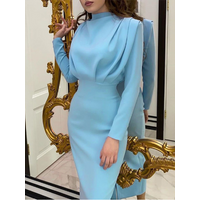 Round Neck Pleated Long Sleeved High Waisted Solid Color Women's Dress Daily Office Elegant Urban Style Autumn Dress