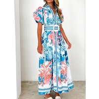 2025 Summer Fashion New Women's Elegant Printed Dress Casual Waist Loose Short Sleeve Commuter Robe