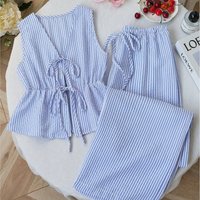 Striped New Two Piece Set Summer V Neck Lace Up Sleeveless Blouse High Waist Wide Leg Pants Sets Casual Solid Women Sets