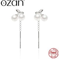 OZAN Cherry S999 Sterling Silver Line Drop Earrings Round Shell Pearl Fashion Classic Jewelry for Women Anniversary Gift