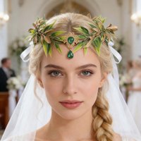 Fairy Vine Designs Crown Diadem Rhinestone Decorated Elf Tiara Vintage Green Leaf Baroque Style Headband Fantasy Headpiece