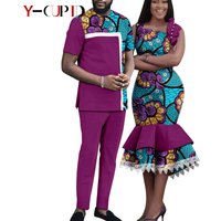 African Matching Outfit for Couples Dashiki Summer Women Ruffles Dresses Bazin Riche Men Patchwork Top and Pant Sets Y23C055