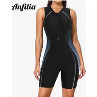 Anfilia Boyleg One Piece Swimsuit for Women Zip Up Athletic Swimwear Training Bathing Suit