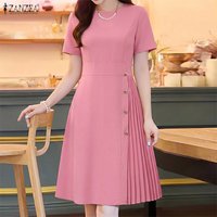 ZANZEA Summer A-line Pleated Dresses Women Stylish Solid OL Work Dress Elegant O Neck Short Sleeve Sundress Knee Length Robe