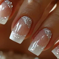 24Pcs Short Square Coffin False Nails with Glue French Glitter Gradual Change Wearable Ballet Design Nails Press on Nail Tips