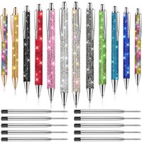 12Pcs Rhinestone Pens Bling Metal Ballpoint Diamond Bulk Fancy Sparkly Crystal Press Retractable Black Ink 0.7mm For Women