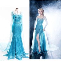 Frozen Elsa Princess Cosplay Dress Adult Women Blue Glitter Long Gown for Halloween Carnival Party Stage Performance Outfit