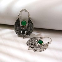 Vintage Inlaid Synthetic Emerald Hand Carved Scarab Shape Silvery Plated Hoop Earrings Women's Exquisite Festival Jewelry Crafts