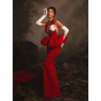 2025 New Red Color Women Sexy Halter Backless Bodycon Long Bandage Dress Gloves Celebrate Performance Costume Stage Wear