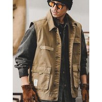 American Style Retro Workwear Jacket Men's Autumn Fishing Outdoor Tactical Multi-Pocket Work Vest Coat Heavyweight Flip Collar