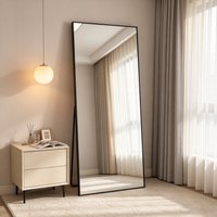 Miroir sur pied Superaly 180x80cm, miroir rectangulaire avec cadre en alliage d'aluminium noir mat, miroir sur pied en verre trempé avec support en forme de A réglable