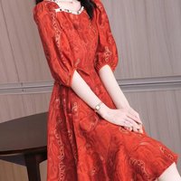 Red Paisley Print A-Line Dress with Puff Sleeve and Lace Trim Women Summer Elegant Loose Fit Knee Length Dress