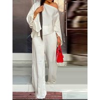 Elegant Women Solid Two Piece Set Flared Sleeve Sexy One Shoulder Blouse Top + Wide Leg Pants Sets Woman Autumn Fashion Suits