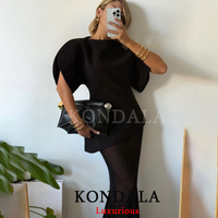 KONDALA Casual Chic Black Short Puff Sleeve T-Shirts Women O Neck Short Sleeve Straight Tops Fashion 2026 Spring Summer Girl Top
