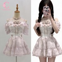 Sweet Cute Japanese Lace Ruffle Off Shoulder Bow 2 Piece Set Women High Waist Tiered Floral Mini Skirt Blouse Casual Wear Party