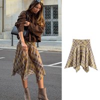 HH 2026 Female Elegant Plaid Printed Skirts High Waist A-Line Pleated Casual Skirt Women's Fashion Bottoms Streetwear Summer