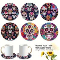 A 6-piece set of skull series patterned wooden round coasters with anti-slip features, suitable for Easter and Halloween decorat