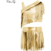 Kids Girls Jazz Dance Costume Asymmetrical Shoulder Metallic Tassels Crop Top with Shorts for Themed Party Stage Performance